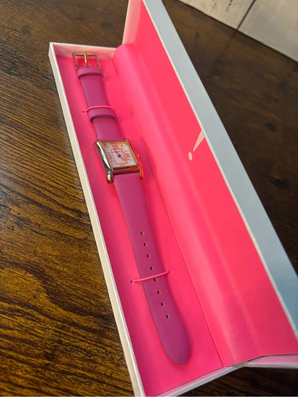 Isaac Mizrahi Hot Pink Leather Strap Watch with Square Gold Case